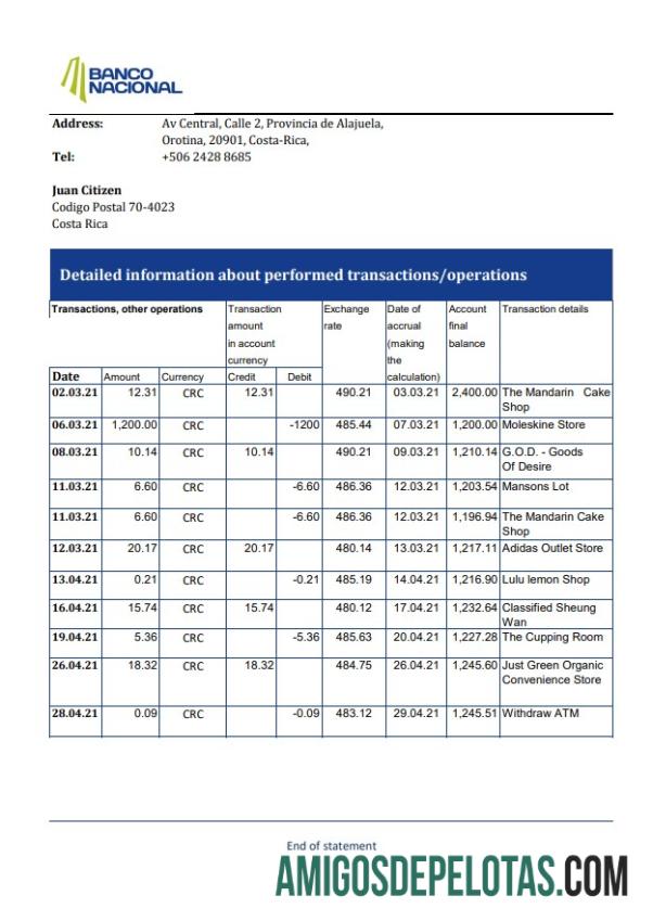 Extrato bancário realista do Banco Nacional da Costa Rica, modelo fácil de preencher em formato de arquivo .xls e .pdf